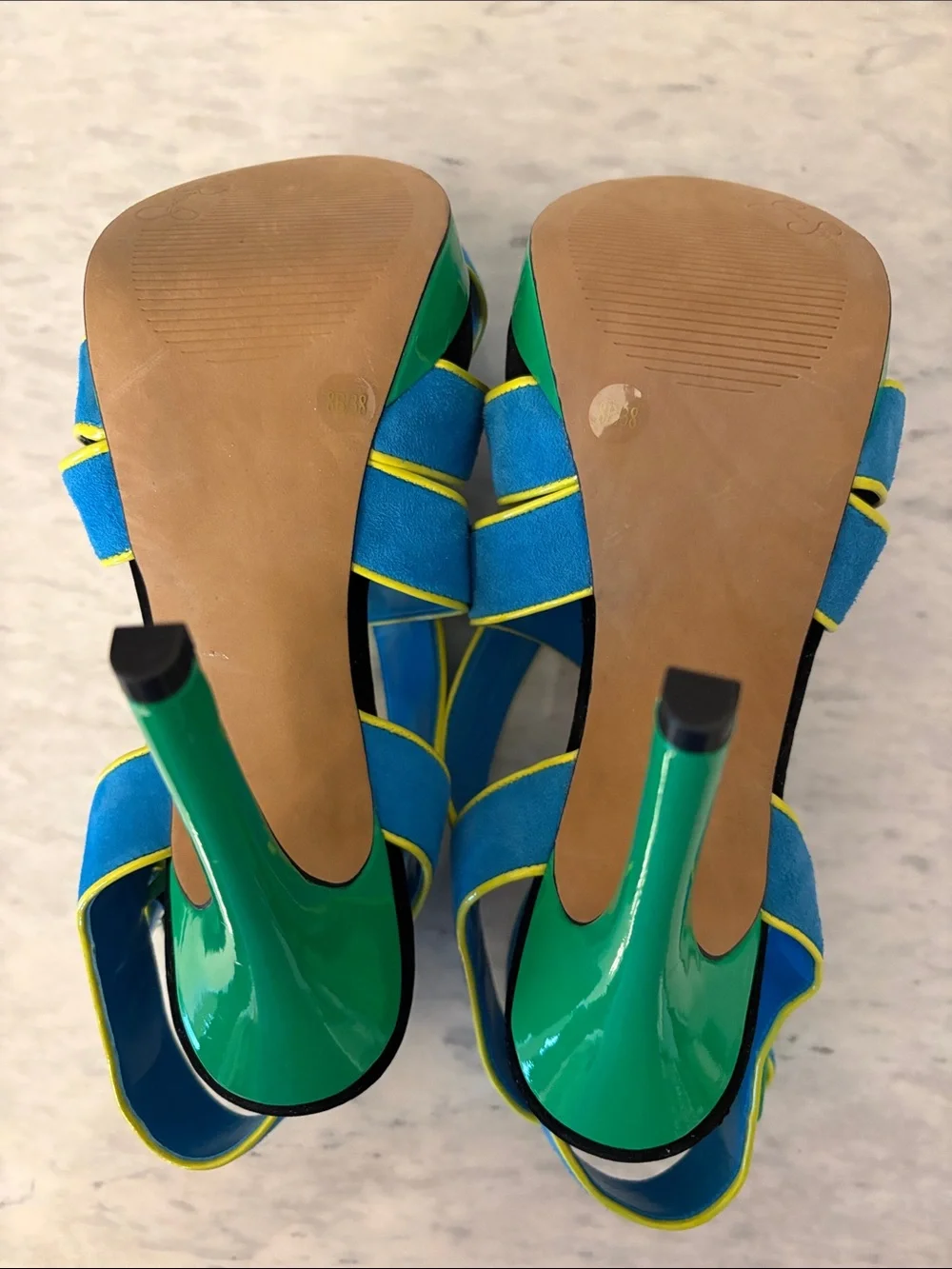 Jessica Simpson Turquoise & Green Strappy Suede Platform Heels Yellow Trim 8/38 - Picture 7 of 15